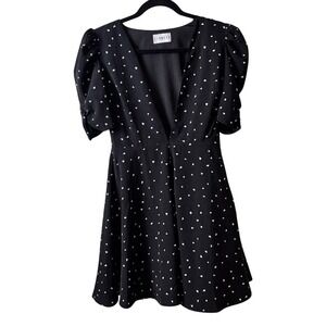 Lioness Black White Heart Print Puff Sleeve Fit & Flare Deep V Mini Dress Size S